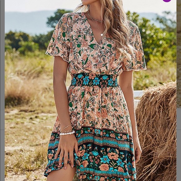 Peach Floral Boho Dress - Picture 1 of 5